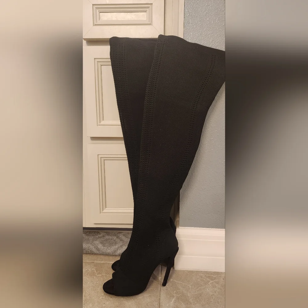 Black Over-The-Knee Knit Peep-Toe Boots